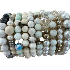 White Beaded Stretch Bracelet Stack Set Of 10 For Women  Wearable Or Craft